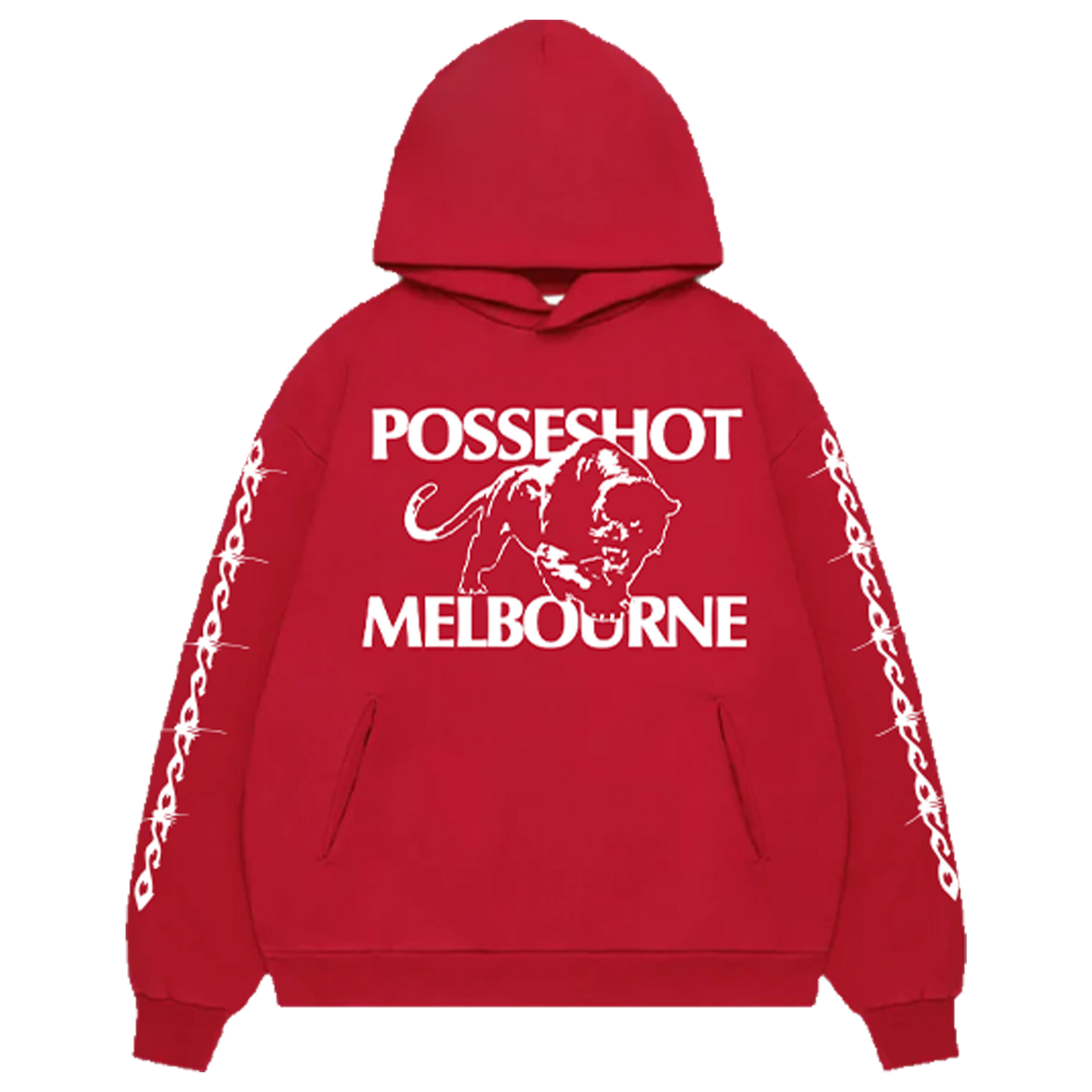 RED HOODIE WITH BARBED WIRE ARMS + HELL BACK!